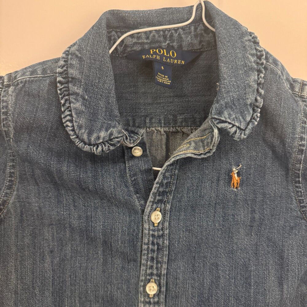 Girls Ralph Lauren Cotton Chambray Long Sleeve Button Down Shirt Ruffles Size 5 - Picture 4 of 4
